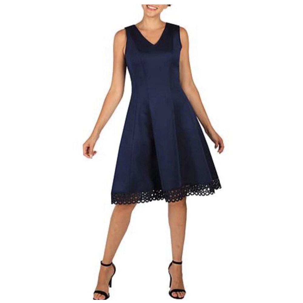 Donna Ricco A Line Scuba Dress Women's 16 Navy Lace Hem Sleeveless Cocktail NWT